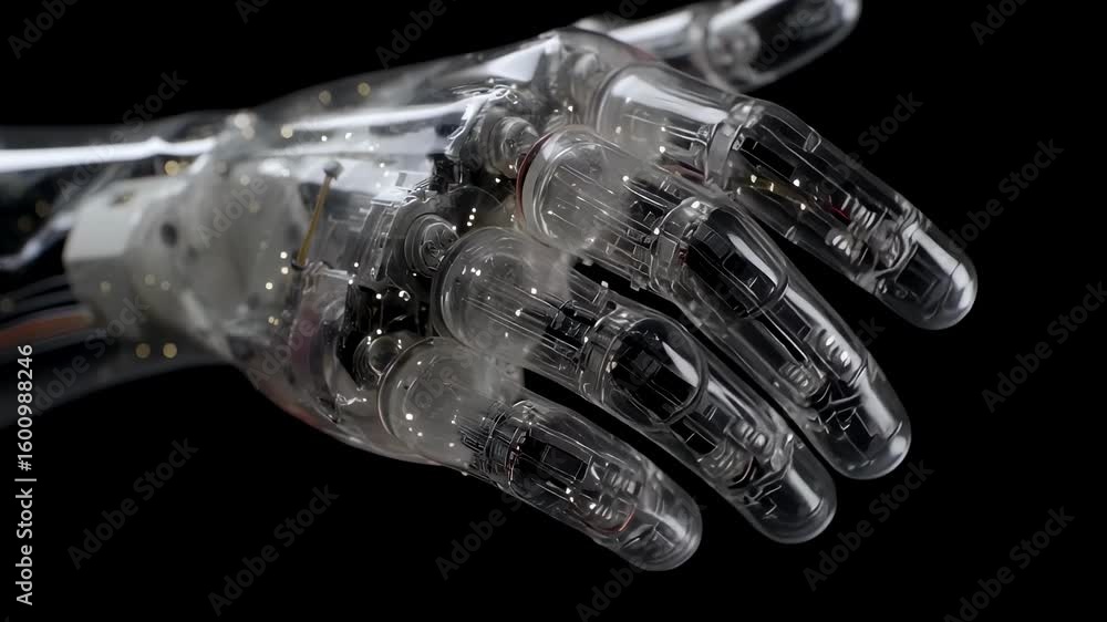 Poster transparent robotic hand with visible internal mechanisms and glowing lights extends its fingers aga