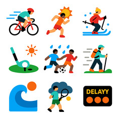 Vibrant Weather Icons. Flat vector icons of weather for sports: cyclist in wind, runner in heat, skier in snow, golf under sun,