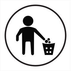 Simple icon showing person throwing trash into bin within a circle, promoting cleanliness