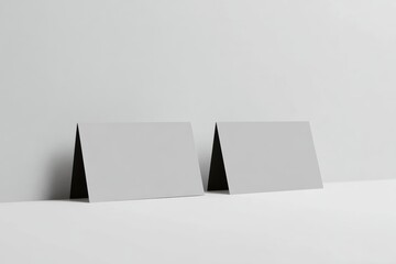 Two black A6 horizontal flyer or postcard mockups, leaning against a soft light gray wall, side-by-side on a clean white surface