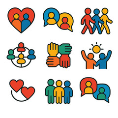 Vibrant Social Icons. Flat vector icons of social well-being: heart with people, friendly chat, group walk icon, support network,