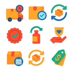 Vibrant Subscription Icons. Flat vector icons of subscription and repeat orders: auto delivery icon, scheduled box, recurring