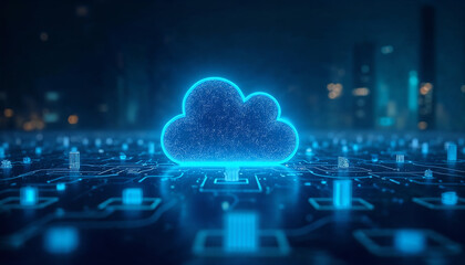 Cloud computing concept with cloud surrounded by data transfer lines and cyber server icons, on a blue abstract tech background 