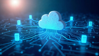 Cloud computing concept with cloud icon surrounded by data transfer lines and server icons side angle, on a blue abstract tech background