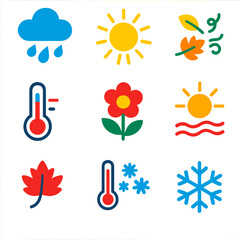 Seasonal Weather Icons. Flat vector icons of seasonal weather symbols: spring rain cloud, summer sun icon, autumn wind and leaves,