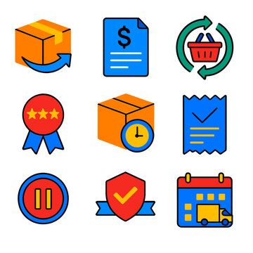 Colorful Subscription Icons. Flat vector icons of subscription and recurring shopping: auto-ship box, subscription billing icon,