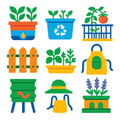 Modern Gardening Icons. Flat vector icons of urban gardening and balcony farming: self-watering pot system, recycled plastic