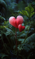 Red-pink heart-shaped Dicentra spectabilis flower on green natural background