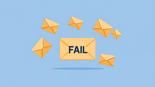 Email delivery failure is depicted with several envelope icons floating around a central one labeled "FAIL". Represents technical errors or undelivered messages.