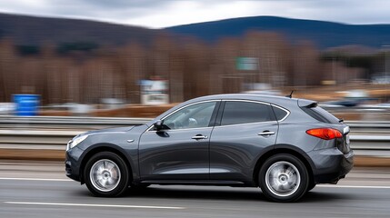 Fototapeta premium Gray SUV travels swiftly on highway, capturing a sense of adventure amid the beautiful mountain backdrop