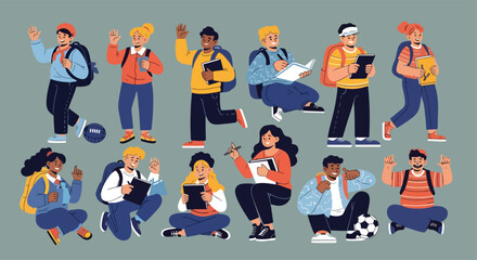 Adobe illustrator vector flat style illustration of a diverse set of college students, perfect for depicting higher education, learning, and campus life concepts