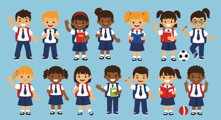 Adobe illustrator vector flat style illustration of a diverse set of elementary school students in uniform, perfect for education, youth, and back-to-school concepts