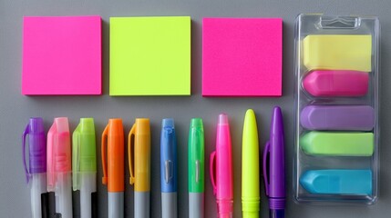 Colorful stationery arrangement on a gray background featuring sticky notes, markers, and highlighters for organizing tasks