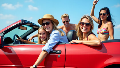 Happy friends on a road trip in a red convertible on a sunny day.