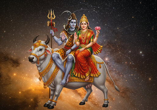 Shiva and Parvati Riding Nandi Through Cosmic Space with Stars Galaxies and Divine Journey