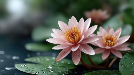 Beautiful pink water lilies bloom with dew-covered petals, creating a dreamy romantic atmosphere against a dark blue background
