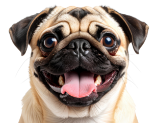 cheerful pug png smiling dog png cute pug face png pet dog png transparent background.