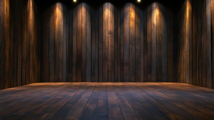 A spacious wooden interior featuring dark panels and warm lighting, perfect for showcasing products, hosting events, or as a backdrop for photography and video shoots