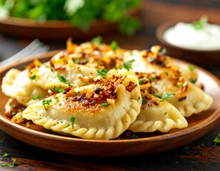 Polskie pierogi z mięsem okraszone cebulką