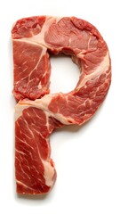 Letter Р laid out with pieces of meat on a white background. 