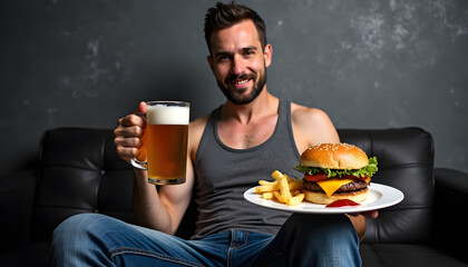 A happy man with a burger and beer sits on a couch.