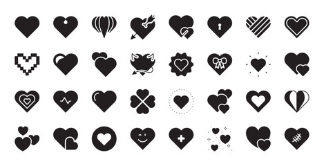 Heart black icon set. Love, romance, hearts, romantic, falling in love, sympathy, Valentine concept. Decorative element sign, symbol. Vector illustration. Editable stroke. Flat design.