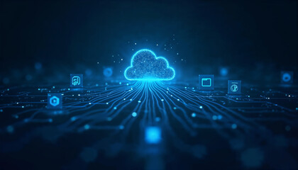 Cloud computing concept with cloud surrounded by data transfer lines and cyber server blue icons, on a blue abstract tech background 