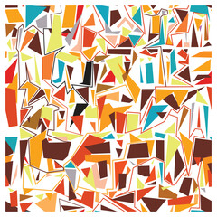 Abstract geometric pattern with triangles and rectangles in orange, brown, yellow, and teal on white.