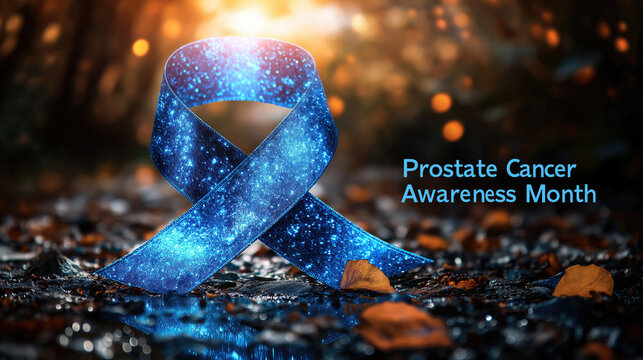 A blue awareness ribbon with glitter for Prostate Cancer Awareness Month. Concept of health, cause, and support.
