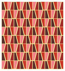 A geometric repeat pattern of hexagons in shades of red, pink, and brown, outlined in a light yellow, creating a vibrant, appealing surface design.

