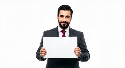 A confident man in a suit holding a blank white sign isolated on a white background with a clear presentation of his business message