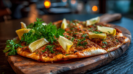 A freshly baked Turkish lahmacun laid on a rustic plate