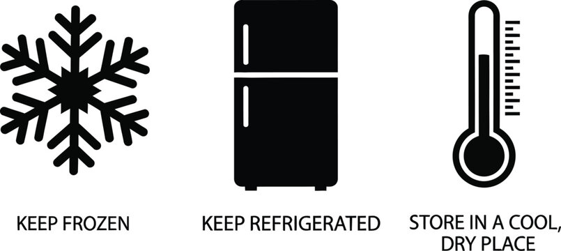 Food storage guidelines keep frozen refrigerated cool dry place temperature control packaging symbols
