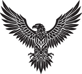 Obraz premium Stylized tribal eagle drawing, symmetrical design with detailed feather patterns, drawn in black on white, 