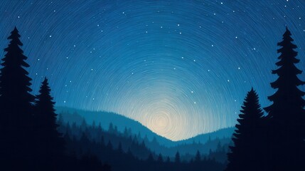 Naklejka premium Peaceful Paper Cut Art of Star Trail Over Forest at Dusk