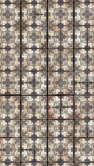 Old brown gray grey vintage worn geometric shabby mosaic ornate patchwork motif porcelain stoneware tiles stone concrete cement wall texture background banner panorama wallpaper. White tone