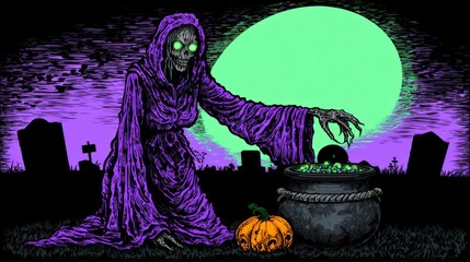 Spooky grim reaper with glowing green eyes and purple robe over a bubbling cauldron in a cemetery at night. Halloween fantasy.