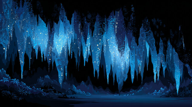 A vector illustration of a bioluminescent Waitomo cave with glowing glowworms and stalactites