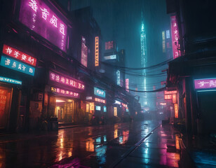 Cyberpunk temple, japanese abstract illustration, futuristic city, dystoptic artwork at night, 4k wallpaper. Rain moody empty future., night view of the temple