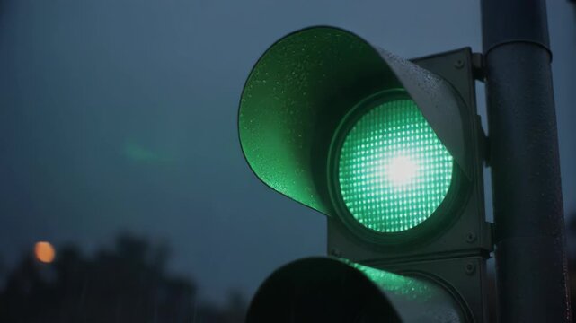 Traffic light changes from amber to green in the rain