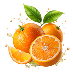 Fresh citrus oranges with green leaves and a juicy slice, isolated on white background
