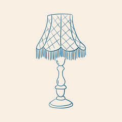 Whimsical line art illustration of vintage table lamp with fringe. Hand drawn lighting equipment for elegant interior design. Vector graphic