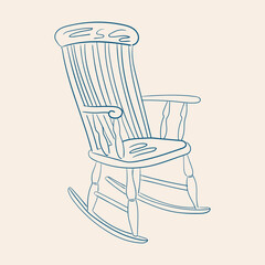 Whimsical line art drawing of vintage rocking chair. Old wooden armchair sketch illustration. Vector graphic
