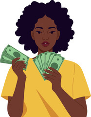 Woman Holding Cash in Yellow Shirt Counting Money Vector Illustration
