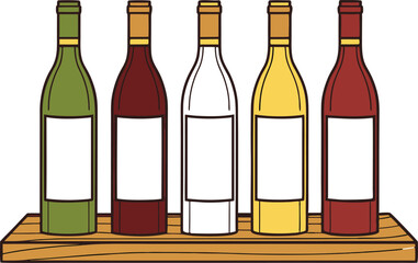 Five Different Types of Wine Bottles Displayed on a Wooden Shelf