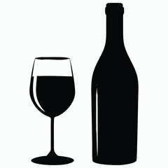Simple black and white wine glass and bottle graphic for design elements.