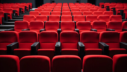 Fototapeta premium Rows of red cinema seats in an empty movie theater, waiting for the audience.
