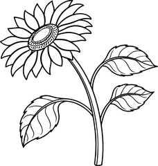 Simple black and white line art illustration of a sunflower.