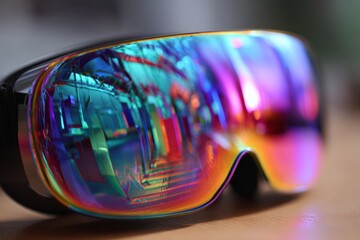 Close-up view captures a VR headset reflecting an immersive 3D virtual environment filled with bright colors, showcasing the advanced technology and detail in high resolution