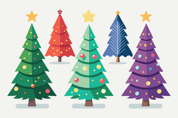 Five stylized Christmas trees in various colors holiday